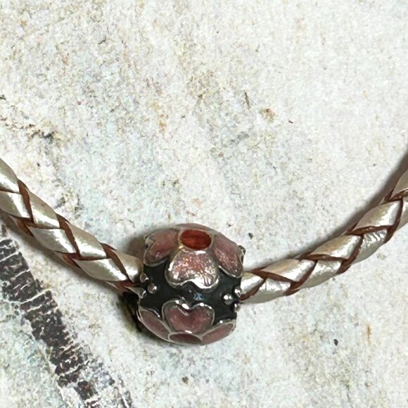 Pandora Sterling Silver Braided Leather Bracelet With Floral Pink Enamel Charm - Picture 7 of 16